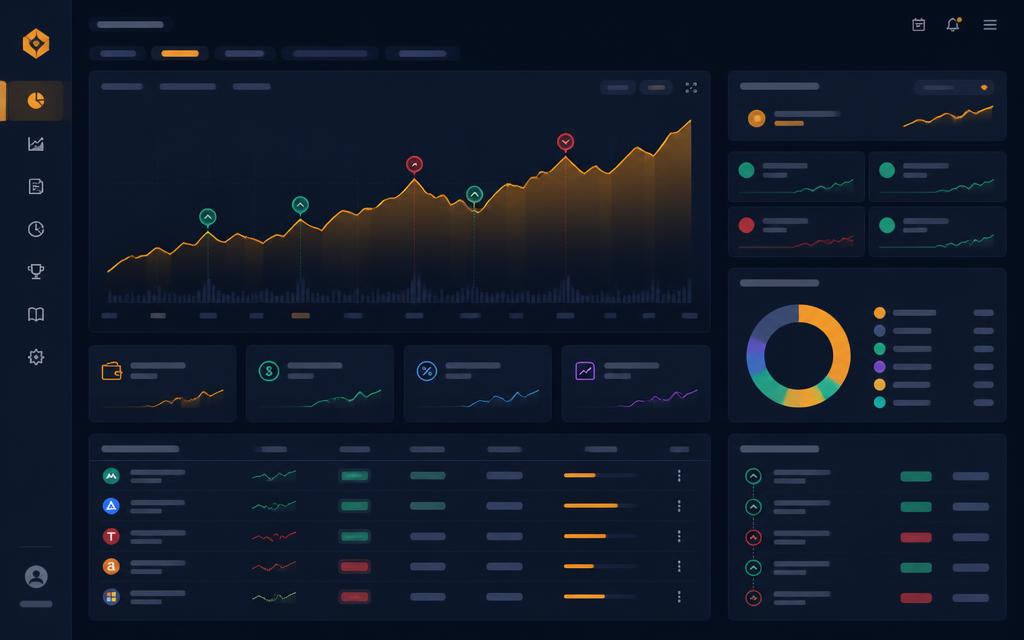 Trade AI simulation dashboard with equity curve, trade markers and allocation breakdown