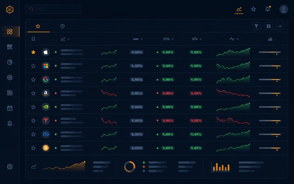 Trade AI watchlist table with live prices, percentage changes and day charts